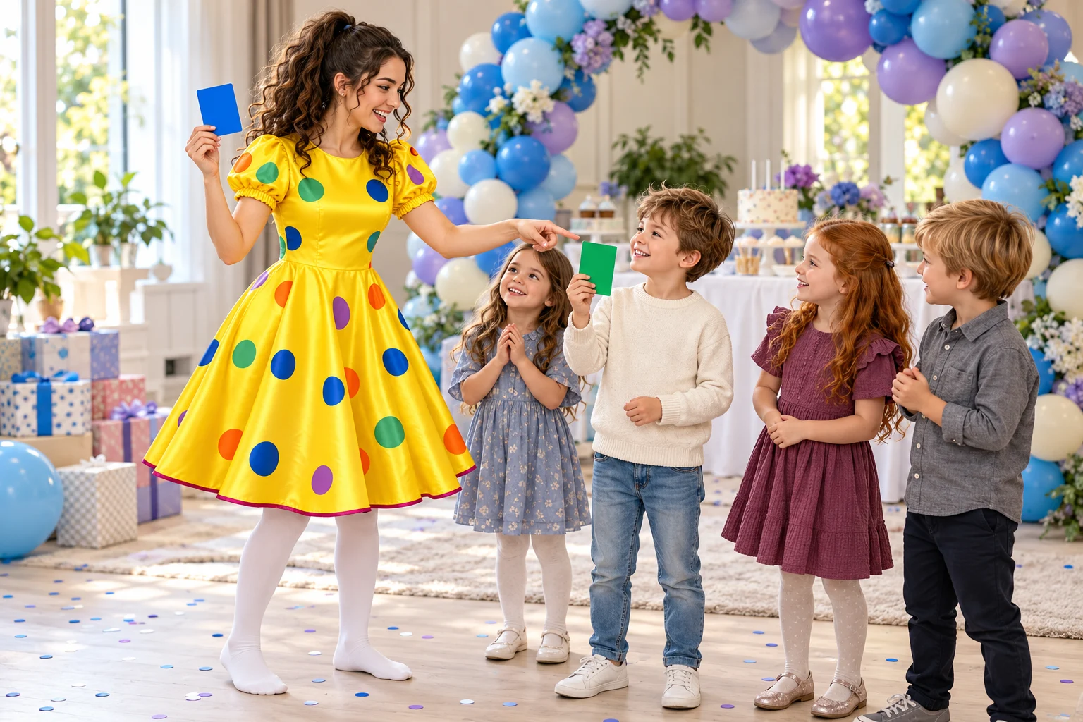 Animatoare în rochie galbenă cu buline multicolore și dresuri albe, la un joc cu cartonașe colorate.