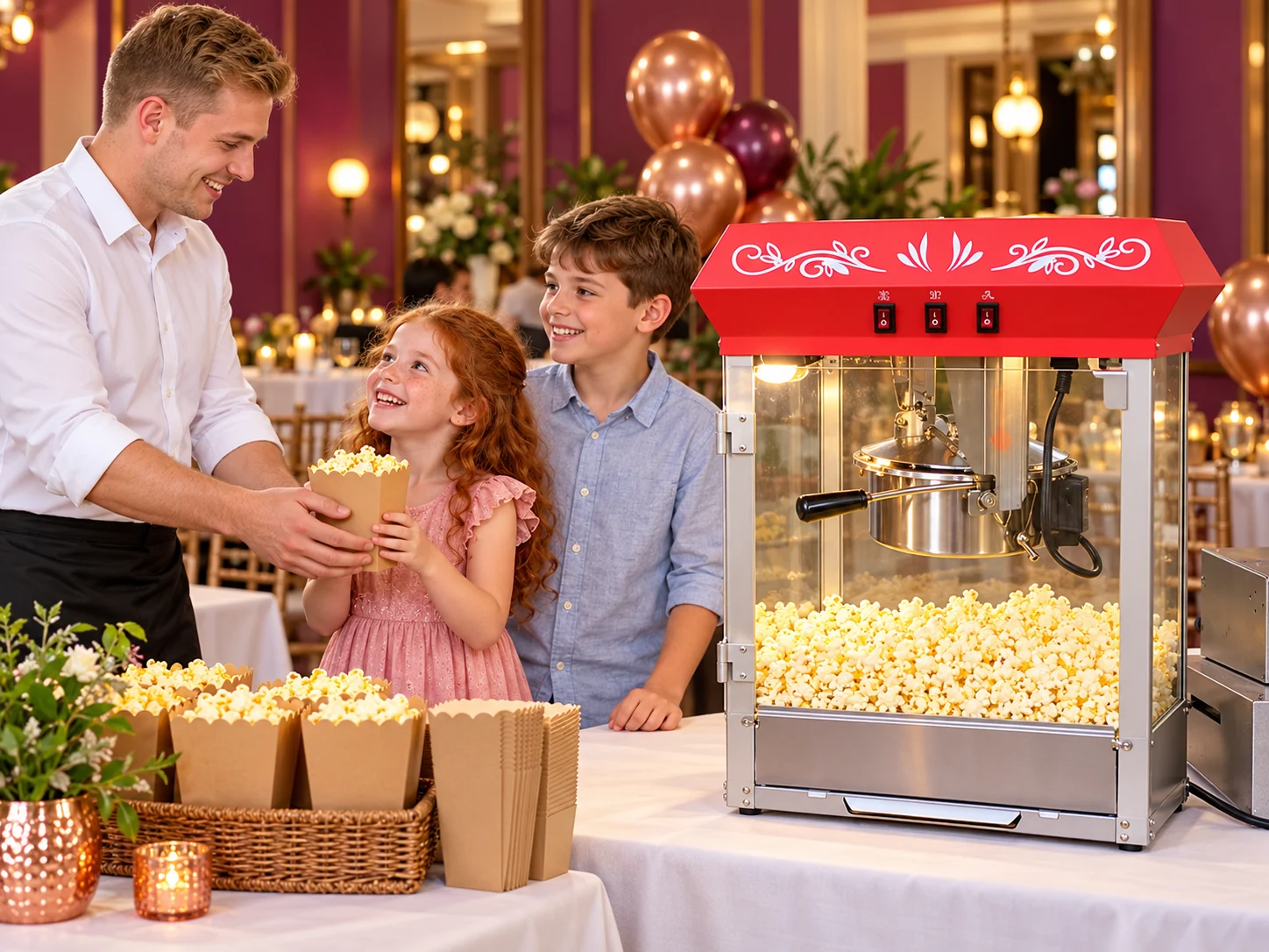 Aparat de popcorn cu plafon roșu, geamuri și corp din inox, lângă porții pregătite pentru o petrecere.