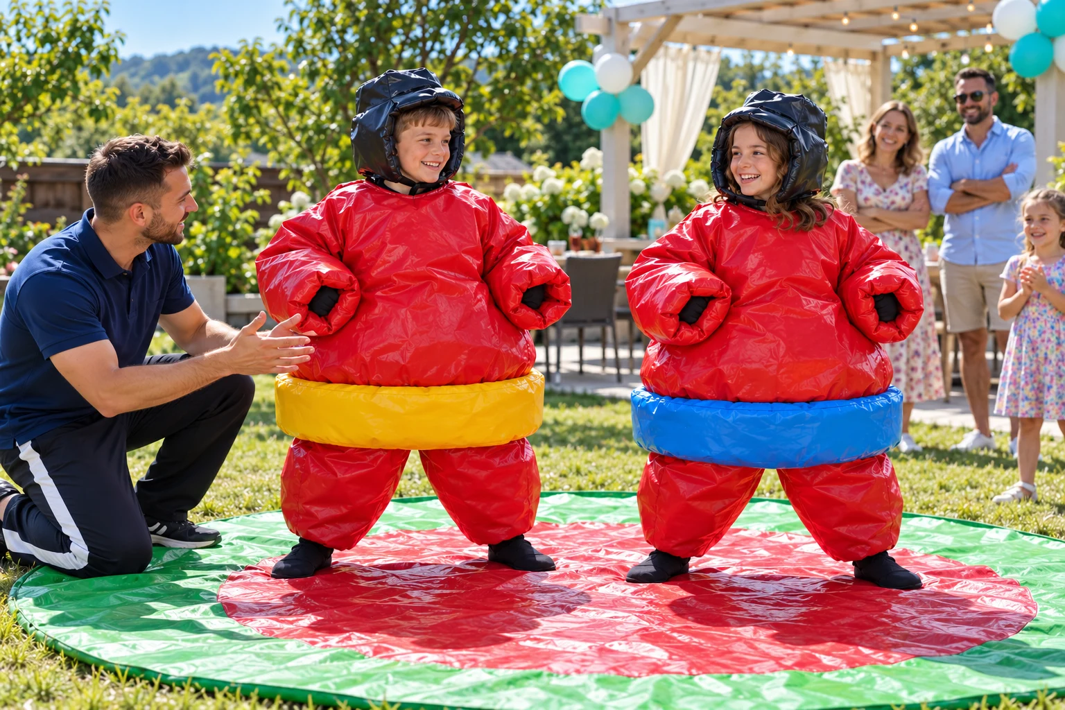 Copii zâmbind în costume sumo roșii cu protecții negre, pe salteaua rotundă roșie cu margine verde.