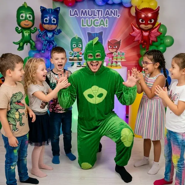 Animator în costum verde de reptilă/Șopi, cu mască strânsă pe cap, în mijlocul copiilor.